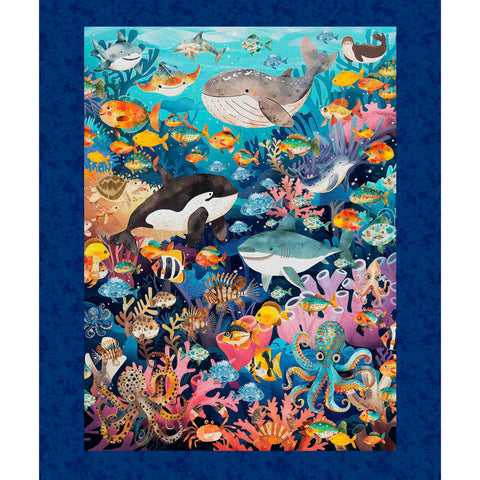 Deep Sea Dazzle Undersea Panel 31193 Navy N - by QT Fabrics - Ocean Life Animals Fish Sea - Quilting Cotton Fabric