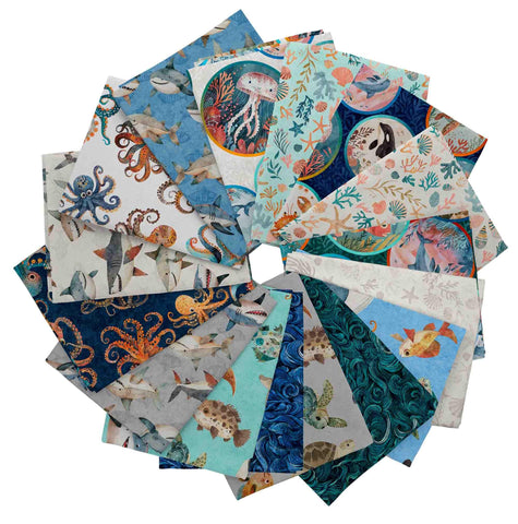 SALE Deep Sea Dazzle Fat Quarter Bundle 16 pieces - QT Fabrics - Pre cut Precut - Sea Water Ocean - Quilting Cotton Fabric