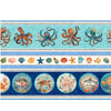 Image of the Deep Sea Dazzle Undersea Border Stripe Multi quilting cotton fabric by QT Fabrics. Features animals on a blue background. Cute Little Fabric Shop