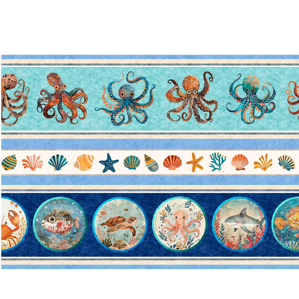 Image of the Deep Sea Dazzle Undersea Border Stripe Multi quilting cotton fabric by QT Fabrics. Features animals on a blue background. Cute Little Fabric Shop