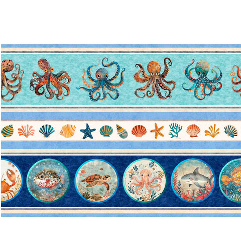 Image of the Deep Sea Dazzle Undersea Border Stripe Multi quilting cotton fabric by QT Fabrics. Features animals on a blue background. Cute Little Fabric Shop