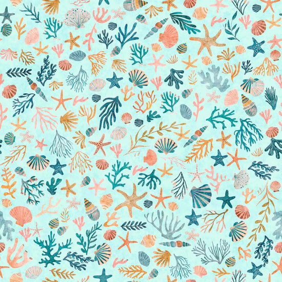 Image of the Deep Sea Dazzle Coral Aqua quilting cotton fabric by QT Fabrics. Features ocean waves on a blue background. Cute Little Fabric Shop