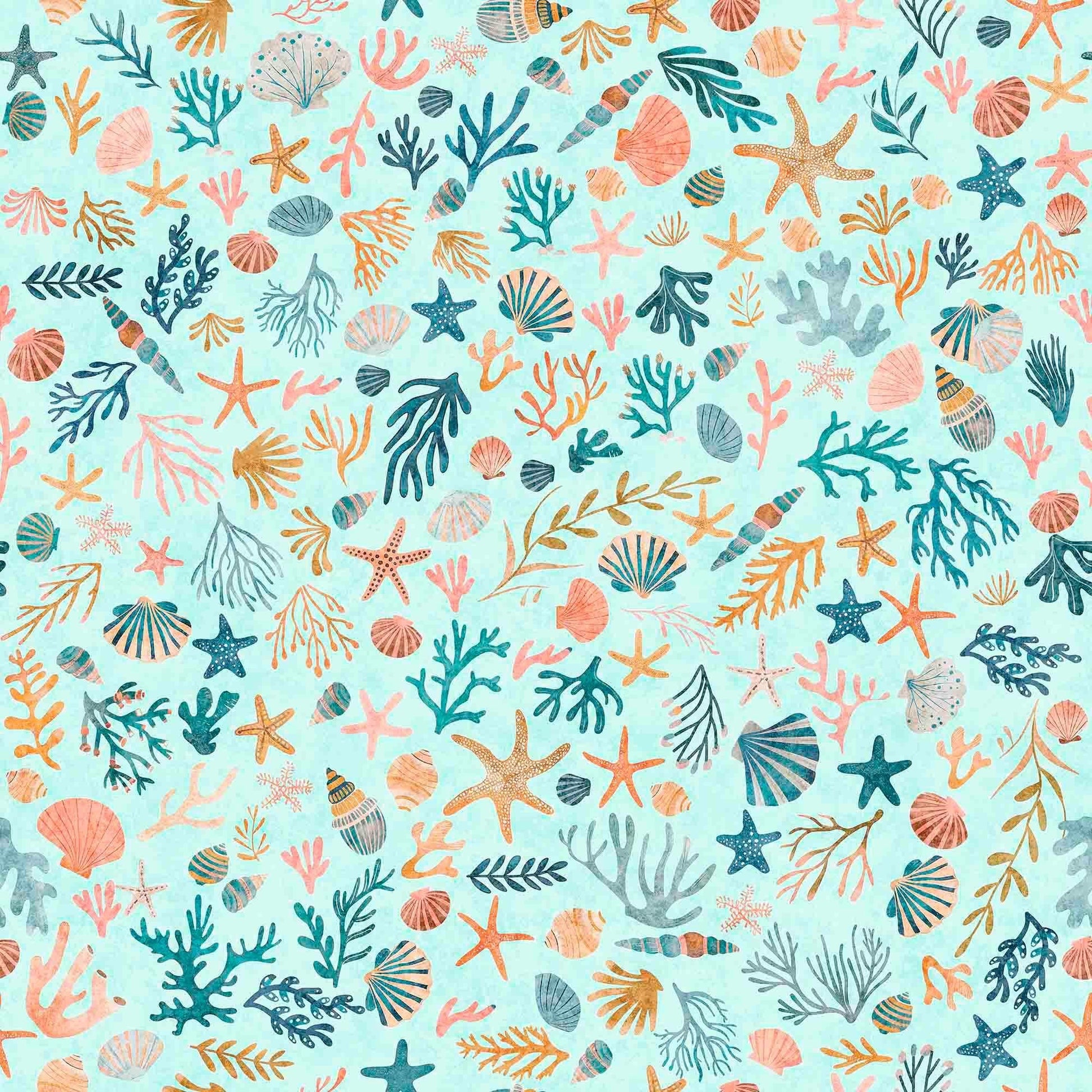 Image of the Deep Sea Dazzle Coral Aqua quilting cotton fabric by QT Fabrics. Features ocean waves on a blue background. Cute Little Fabric Shop