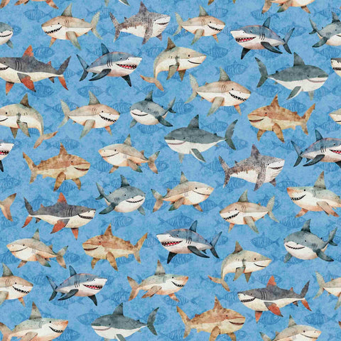 Image of the Deep Sea Dazzle Shark Toss Blue quilting cotton fabric by QT Fabrics. Features ocean animals on a blue background. Cute Little Fabric Shop