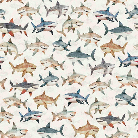 Image of the Deep Sea Dazzle Shark Toss Beige quilting cotton fabric by QT Fabrics. Features ocean animals on a beige background. Cute Little Fabric Shop