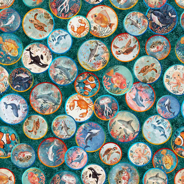 Image of the Deep Sea Dazzle Undersea Medallion Teal quilting cotton fabric by QT Fabrics. Features ocean animals on a blue background. Cute Little Fabric Shop