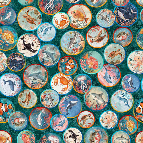 Image of the Deep Sea Dazzle Undersea Medallion Teal quilting cotton fabric by QT Fabrics. Features ocean animals on a blue background. Cute Little Fabric Shop