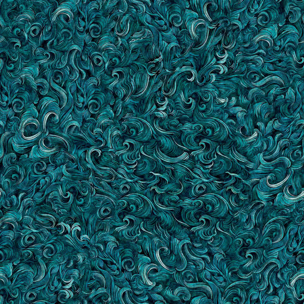 Image of the Deep Sea Dazzle Waves Texture Teal quilting cotton fabric by QT Fabrics. Features ocean waves on a blue background. Cute Little Fabric Shop