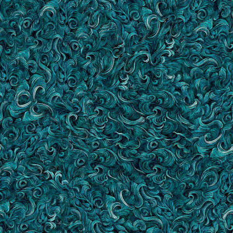 Image of the Deep Sea Dazzle Waves Texture Teal quilting cotton fabric by QT Fabrics. Features ocean waves on a blue background. Cute Little Fabric Shop