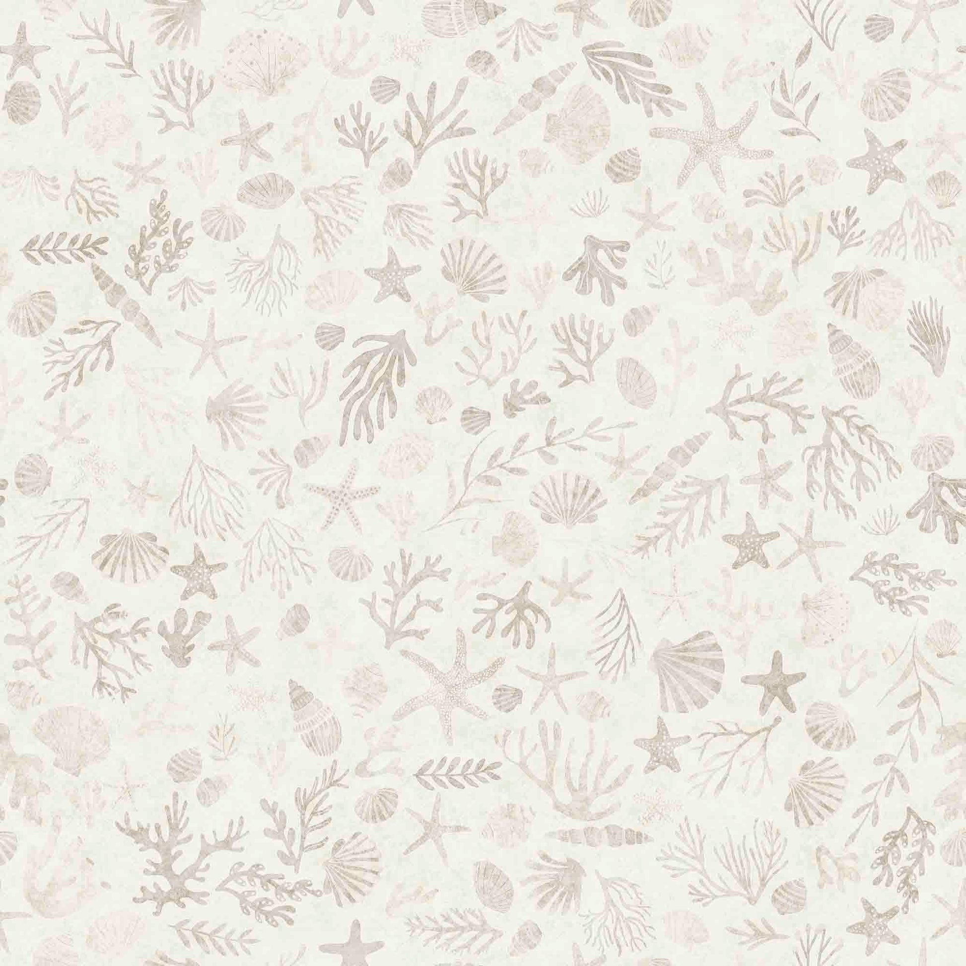 Image of the Deep Sea Dazzle Coral Beige quilting cotton fabric by QT Fabrics. Features ocean animals on a beige background. Cute Little Fabric Shop