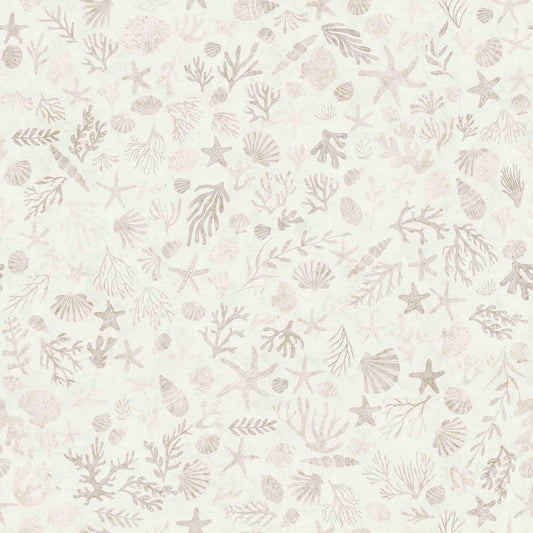 Image of the Deep Sea Dazzle Coral Beige quilting cotton fabric by QT Fabrics. Features ocean animals on a beige background. Cute Little Fabric Shop