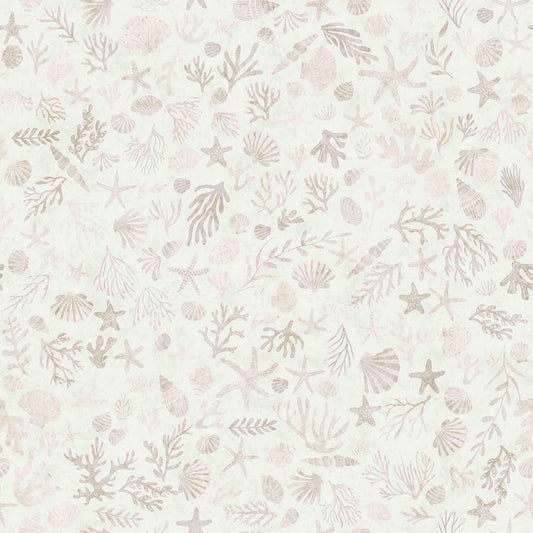 Image of the Deep Sea Dazzle Coral Beige quilting cotton fabric by QT Fabrics. Features ocean animals on a beige background. Cute Little Fabric Shop