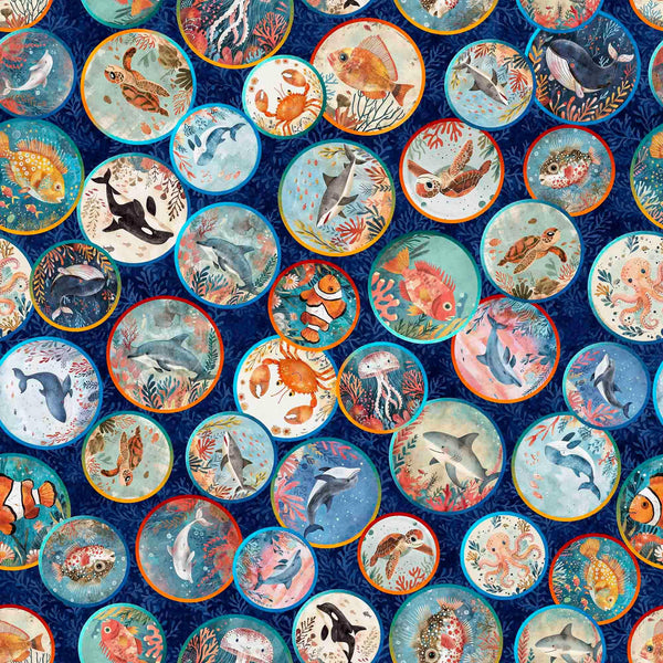 Image of the Deep Sea Dazzle Undersea Medallion Navy quilting cotton fabric by QT Fabrics. Features ocean animals on a blue background. Cute Little Fabric Shop