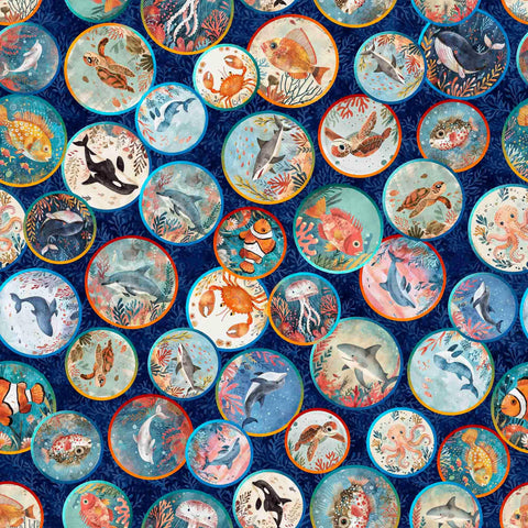 Image of the Deep Sea Dazzle Undersea Medallion Navy quilting cotton fabric by QT Fabrics. Features ocean animals on a blue background. Cute Little Fabric Shop