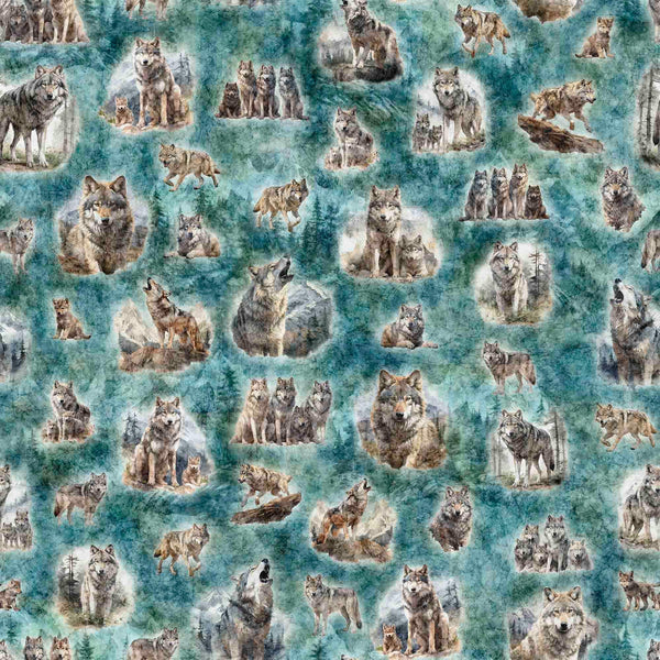 Running With The Pack Wolf Vignettes 31100 Teal Q - by QT Fabrics - Wolves Wolf Animals Trees - Quilting Cotton Fabric