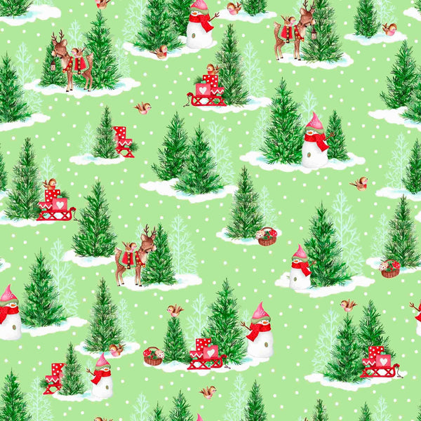 Image of the Gnome for the Holidays Mushroom Pine Trees Light Green quilting cotton fabric by QT Fabrics. Features trees on a green background. Cute Little Fabric Shop