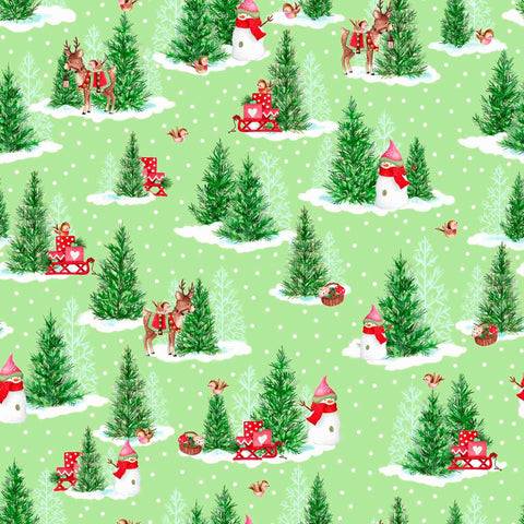 Image of the Gnome for the Holidays Mushroom Pine Trees Light Green quilting cotton fabric by QT Fabrics. Features trees on a green background. Cute Little Fabric Shop