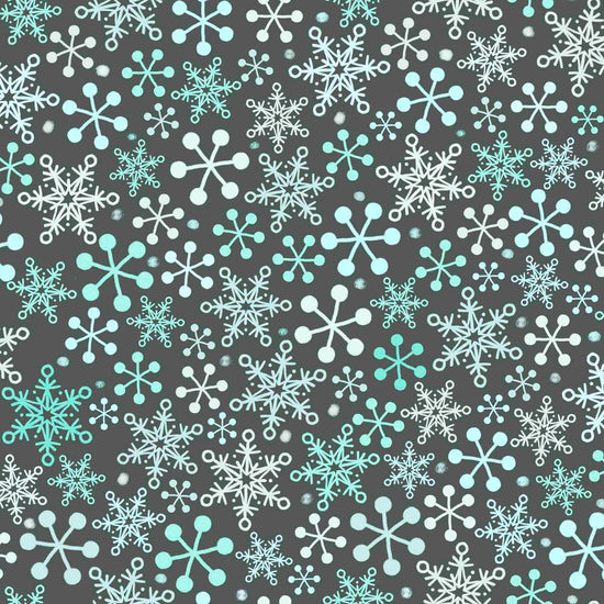 Image of the Gnome for the Holidays Snowflakes Slate quilting cotton fabric by QT Fabrics. Features snowflakes on a gray background. Cute Little Fabric Shop