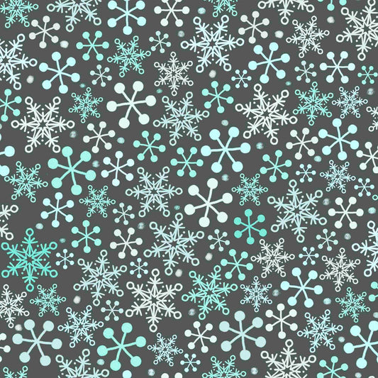 Image of the Gnome for the Holidays Snowflakes Slate quilting cotton fabric by QT Fabrics. Features snowflakes on a gray background. Cute Little Fabric Shop