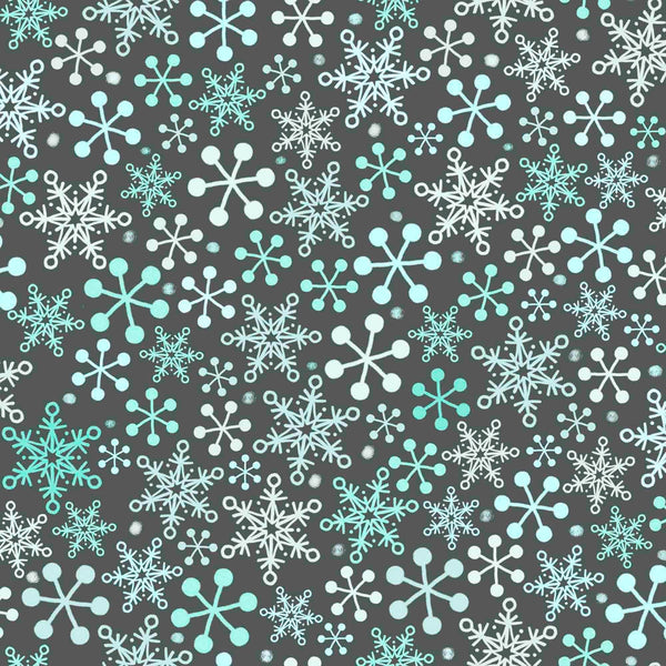 Image of the Gnome for the Holidays Snowflakes Slate quilting cotton fabric by QT Fabrics. Features snowflakes on a gray background. Cute Little Fabric Shop