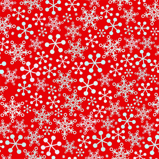 Image of the Gnome for the Holidays Snowflakes Red quilting cotton fabric by QT Fabrics. Features snowflakes on a red background. Cute Little Fabric Shop