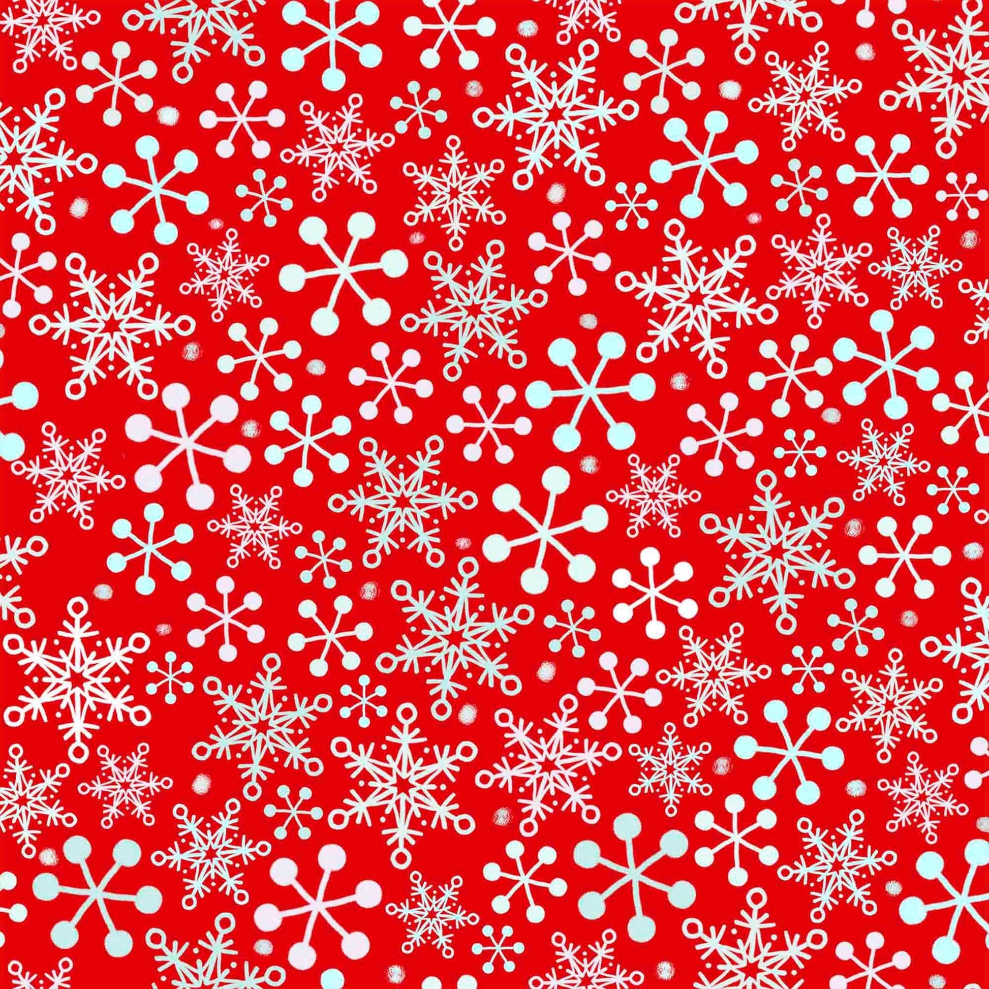 Image of the Gnome for the Holidays Snowflakes Red quilting cotton fabric by QT Fabrics. Features snowflakes on a red background. Cute Little Fabric Shop