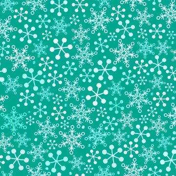 Image of the Gnome for the Holidays Snowflakes Turquoise quilting cotton fabric by QT Fabrics. Features snowflakes on a teal background. Cute Little Fabric Shop