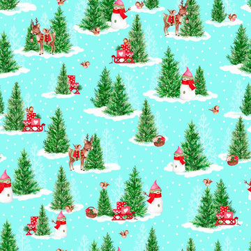 Image of the Gnome for the Holidays Pine Trees Aqua quilting cotton fabric by QT Fabrics. Features Christmas trees on a blue background. Cute Little Fabric Shop