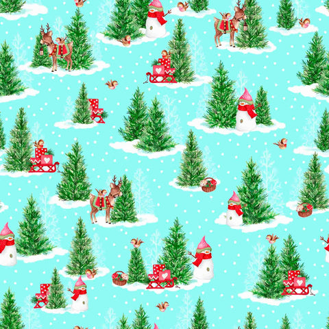 Image of the Gnome for the Holidays Pine Trees Aqua quilting cotton fabric by QT Fabrics. Features Christmas trees on a blue background. Cute Little Fabric Shop