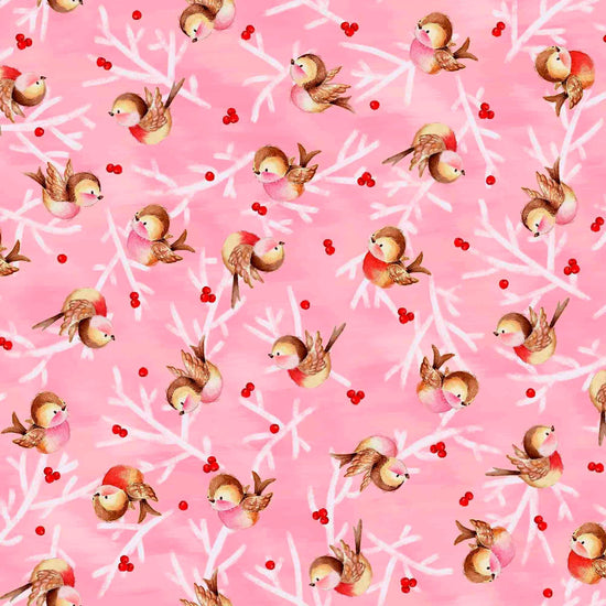 Image of the Gnome for the Holidays Birdie Toss Pink quilting cotton fabric by QT Fabrics. Features birds on a pink background. Cute Little Fabric Shop