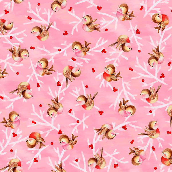 Image of the Gnome for the Holidays Birdie Toss Pink quilting cotton fabric by QT Fabrics. Features birds on a pink background. Cute Little Fabric Shop