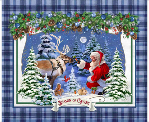 Season Of Giving Santa And Reindeer Panel 31018 Denim W - QT Fabrics - Christmas Holiday Winter - Quilting Cotton Fabric