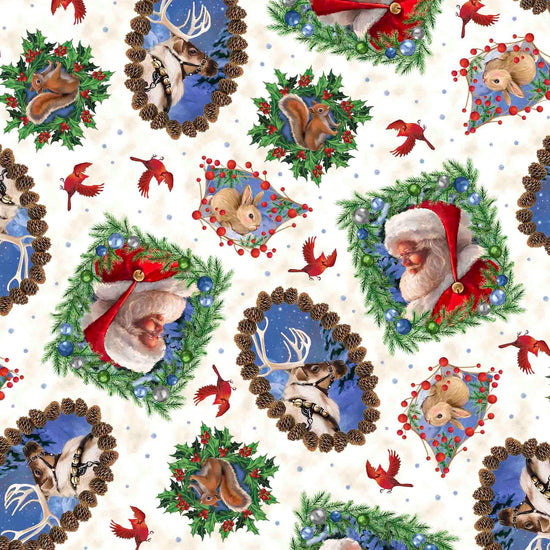 Image of the Season of Giving Santa & Animal Portrait Toss Cream quilting cotton fabric. Features animals on a cream background. Cute Little Fabric Shop