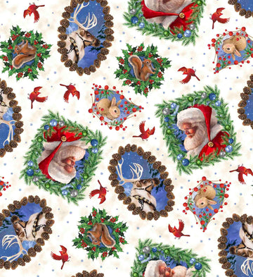 Image of the Season of Giving Santa & Animal Portrait Toss Cream quilting cotton fabric. Features animals on a cream background. Cute Little Fabric Shop