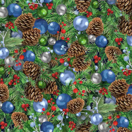 Image of the Season of Giving Pinecones & Ornaments Multi quilting cotton fabric. Features ornaments on a green background. Cute Little Fabric Shop