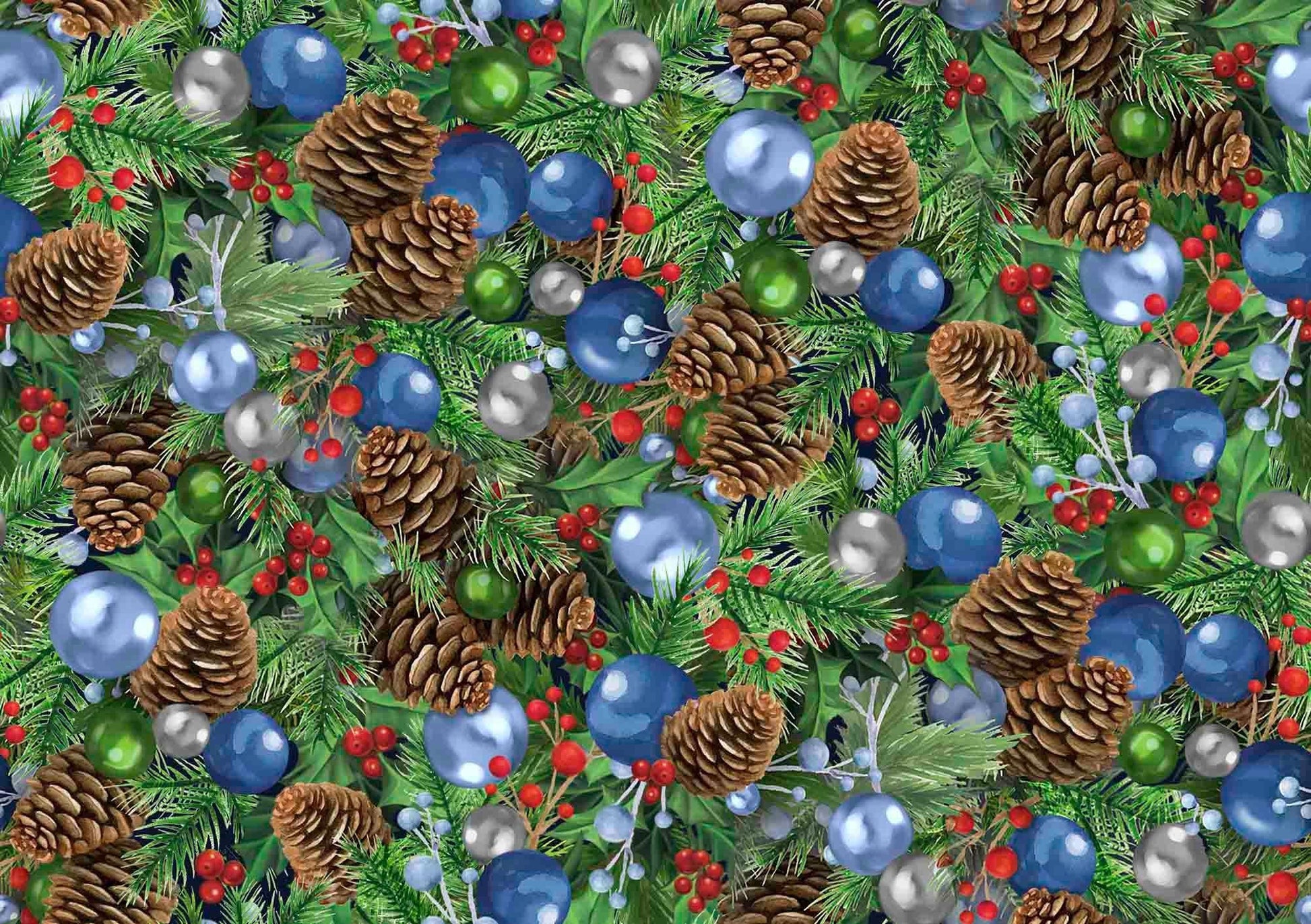 Image of the Season of Giving Pinecones & Ornaments Multi quilting cotton fabric. Features ornaments on a green background. Cute Little Fabric Shop