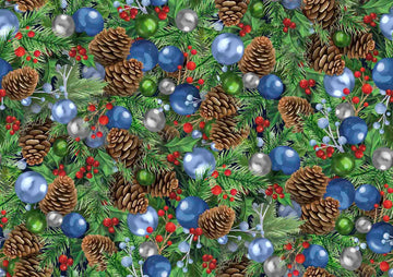 Image of the Season of Giving Pinecones & Ornaments Multi quilting cotton fabric. Features ornaments on a green background. Cute Little Fabric Shop