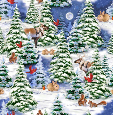 Image of the Season of Giving Winter Scenic Multi quilting cotton fabric. Features animals on a white background. Cute Little Fabric Shop