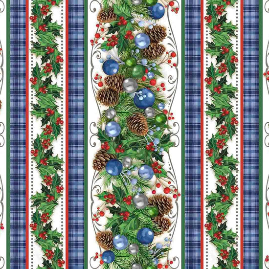 Image of the Season of Giving Christmas Garland Border Strip Multi quilting cotton fabric. Features pine needles on a green background. Cute Little Fabric Shop
