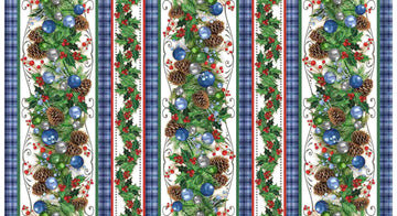 Image of the Season of Giving Christmas Garland Border Strip Multi quilting cotton fabric. Features pine needles on a green background. Cute Little Fabric Shop