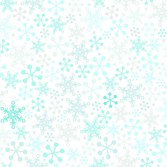 Image of the Minky Gnome for the Holidays Snowflakes White quilting cotton fabric. Features snowflakes on a white background. Cute Little Fabric Shop