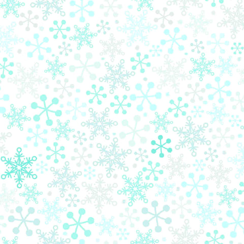 Image of the Minky Gnome for the Holidays Snowflakes White quilting cotton fabric. Features snowflakes on a white background. Cute Little Fabric Shop