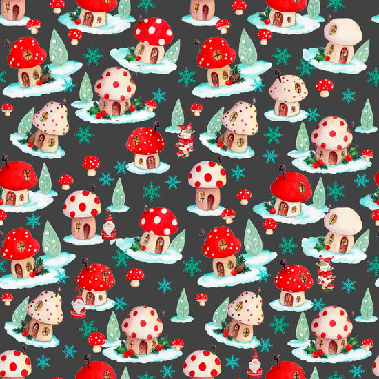 Image of the Minky Gnome for the Holidays Mushroom Houses Toss Slate quilting cotton fabric. Features mushrooms on a gray background. Cute Little Fabric Shop