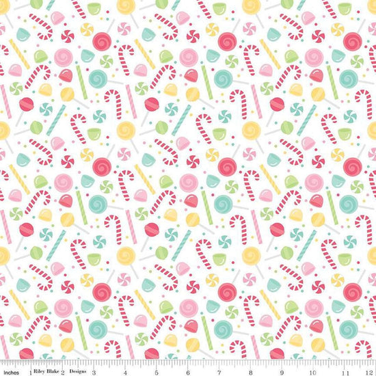 Image of the Flannel Sweets White quilting cotton fabric by Riley Blake Designs. Features sweets on a white background. Cute Little Fabric Shop