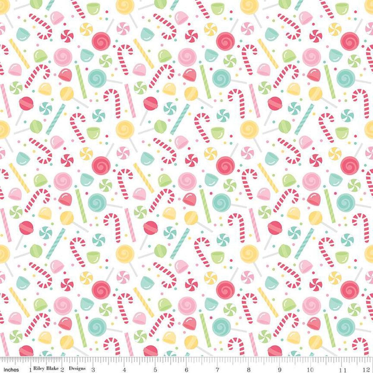 Image of the Flannel Sweets White quilting cotton fabric by Riley Blake Designs. Features sweets on a white background. Cute Little Fabric Shop