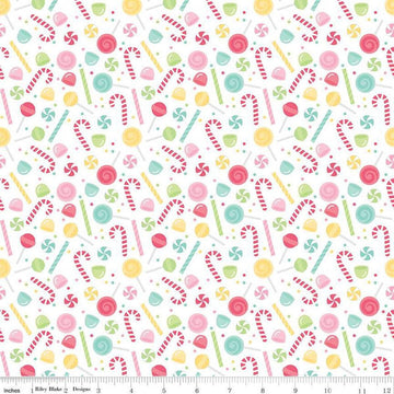 Image of the Flannel Sweets White quilting cotton fabric by Riley Blake Designs. Features sweets on a white background. Cute Little Fabric Shop