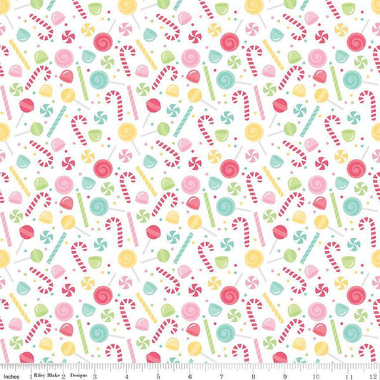 Image of the Flannel Sweets White quilting cotton fabric by Riley Blake Designs. Features sweets on a white background. Cute Little Fabric Shop