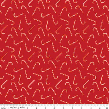 Image of the Flannel Candy Canes Red quilting cotton fabric by Riley Blake Designs. Features candy canes on a red background. Cute Little Fabric Shop