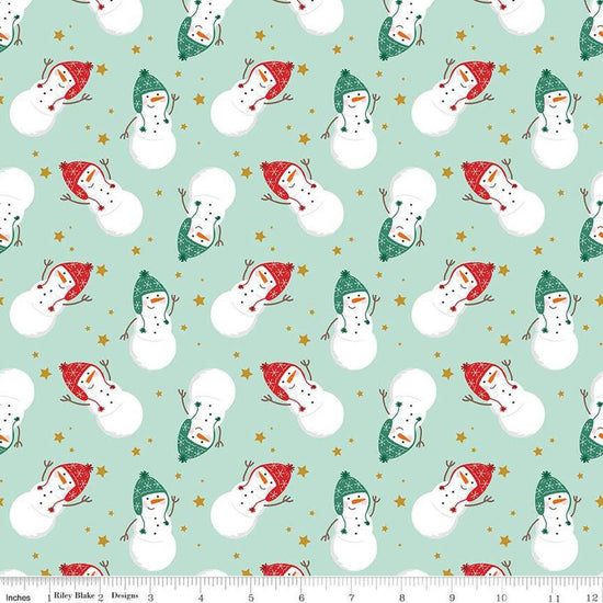 Image of the Flannel Snowmen Songbird quilting cotton fabric by Riley Blake Designs. Features snowmen on a blue background. Cute Little Fabric Shop