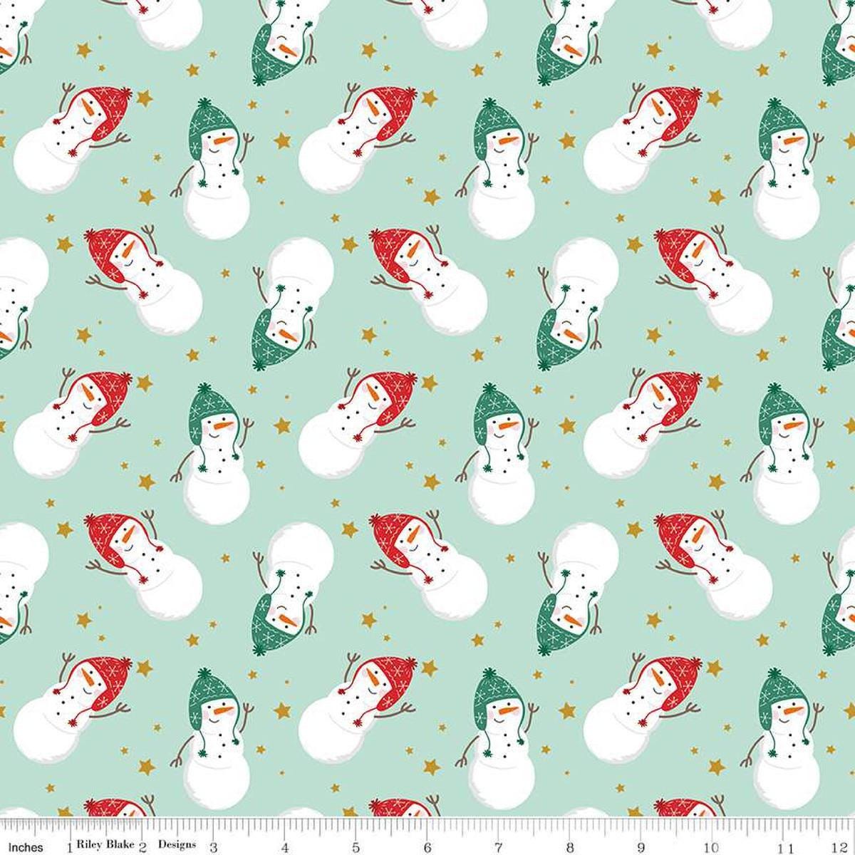 Image of the Flannel Snowmen Songbird quilting cotton fabric by Riley Blake Designs. Features snowmen on a blue background. Cute Little Fabric Shop